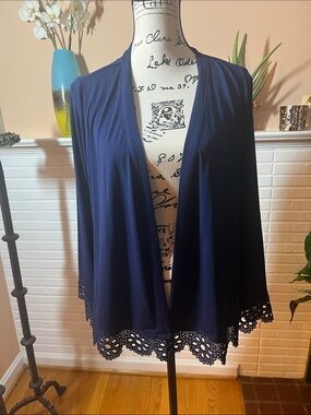 Navy Open-Front Cardigan with Crochet Trim